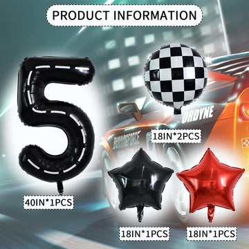 Toniful 40 Inch Race Car 5Th Birthday Balloons Racetrack Number 5 Black Balloons Wheel Tire Balloons Black White Checkered Ballo
