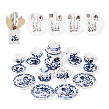 Odoria 1/12 Miniature Porcelain Tea Set Plates And Silverware Kitchen Utensils Dollhouse Accessories, Blue Lotus