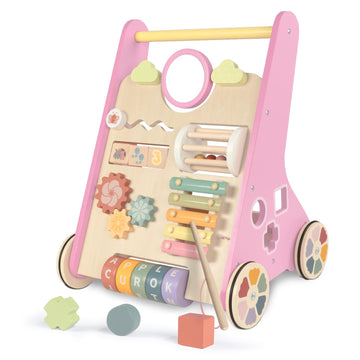 Lol-Fun Wooden Baby Walker For Girls With Wheels, Baby Push Walker For Baby Girl 12 Months, Pink Baby Walker Push Toy For 1 Year