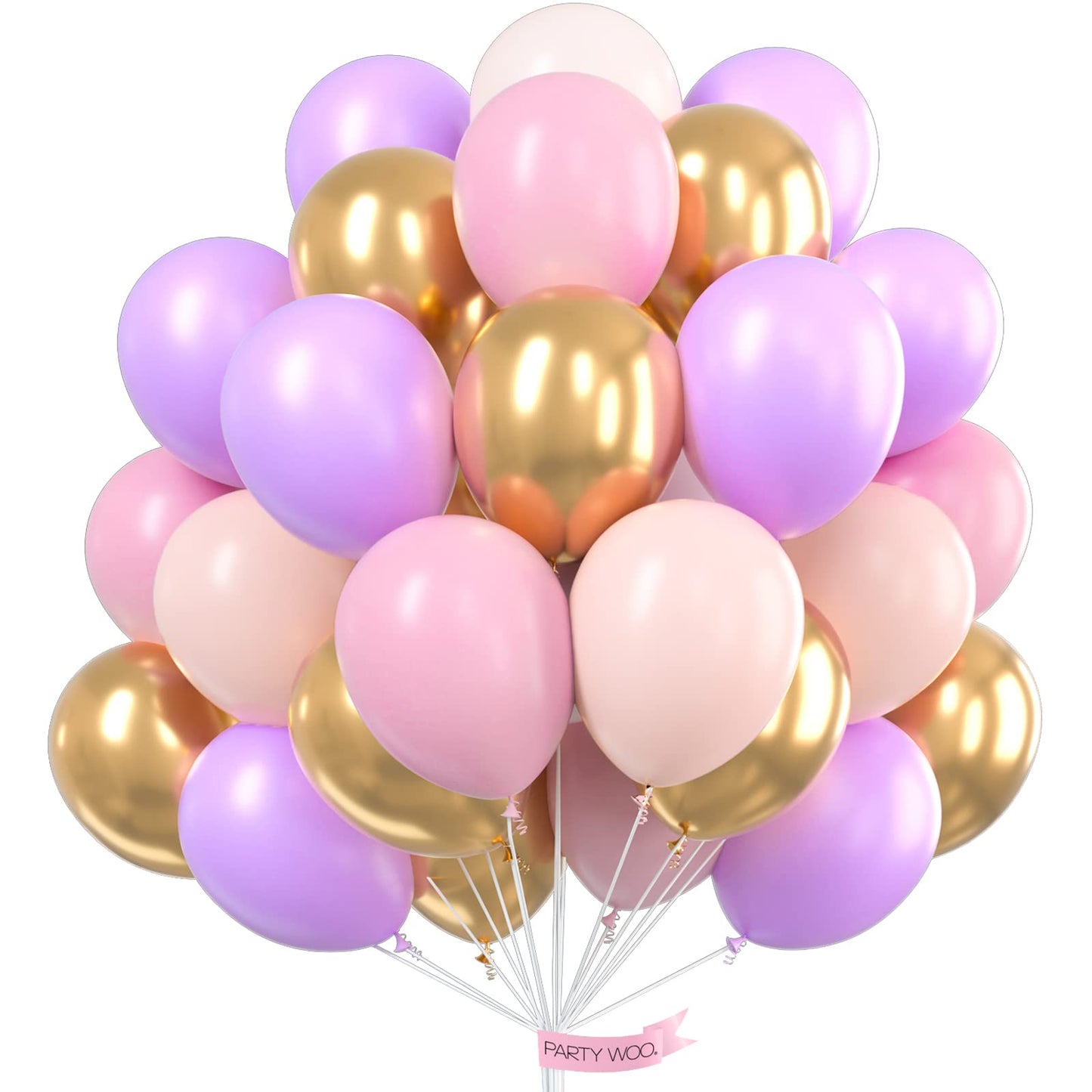 Partywoo Purple Pink Gold Balloons, 60 Pcs 12 Inch Purple Balloons, Light Pink Balloons, Gold Metallic Balloons And Pink Balloons, Purple Pink Balloons For Princess Birthday Party, Purple Baby Shower