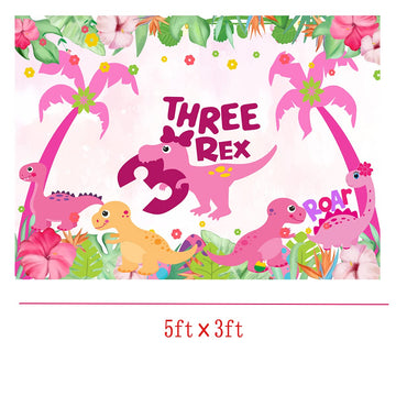 5Ft*3Ft Dinosaur Birthday Party Photo Backdrop,Three Dino-Rex Birthday Party Decorations Girl,Pink Dino 3Rd Birthday Party Decor