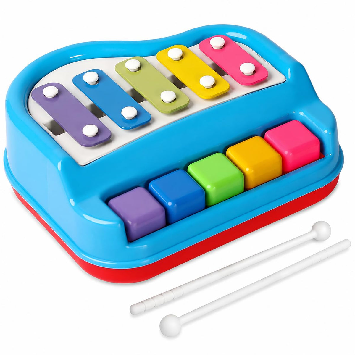 Stoffier Garten 2In1 Xylophone Piano Toy For Kids, 5 Colorful Key Educational Musical Instrument With 2 Mallets, Plastic Percu