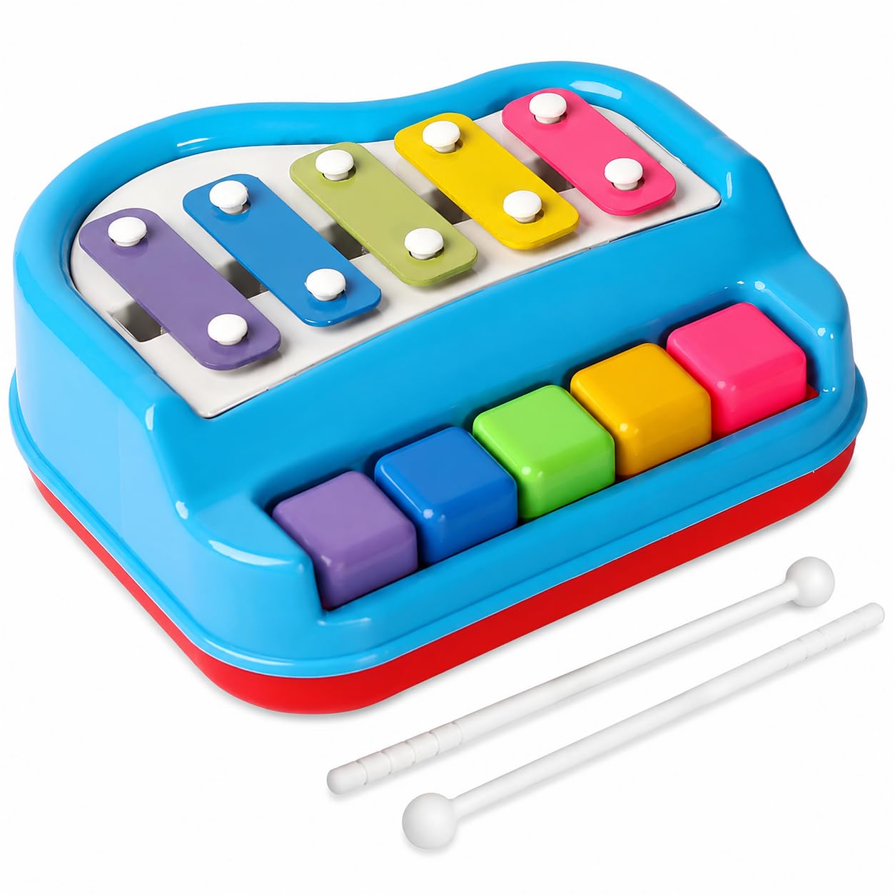 Stoffier Garten 2In1 Xylophone Piano Toy For Kids, 5 Colorful Key Educational Musical Instrument With 2 Mallets, Plastic Percu