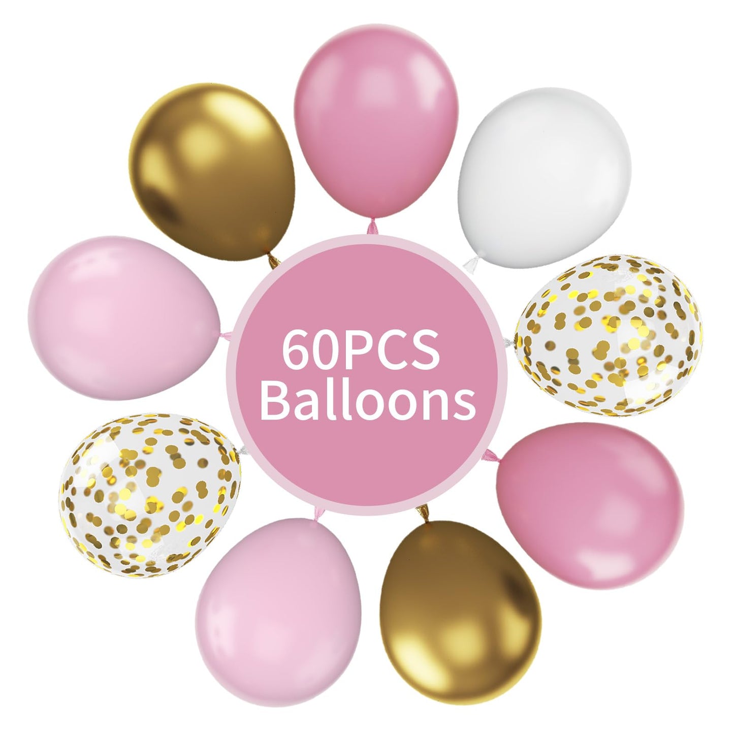 Funhot Pink And Gold Balloons, 60Pcs Retro Pink White Balloons, 12 Inch Metallic Gold Confetti Balloons Helium Light Pink Latex