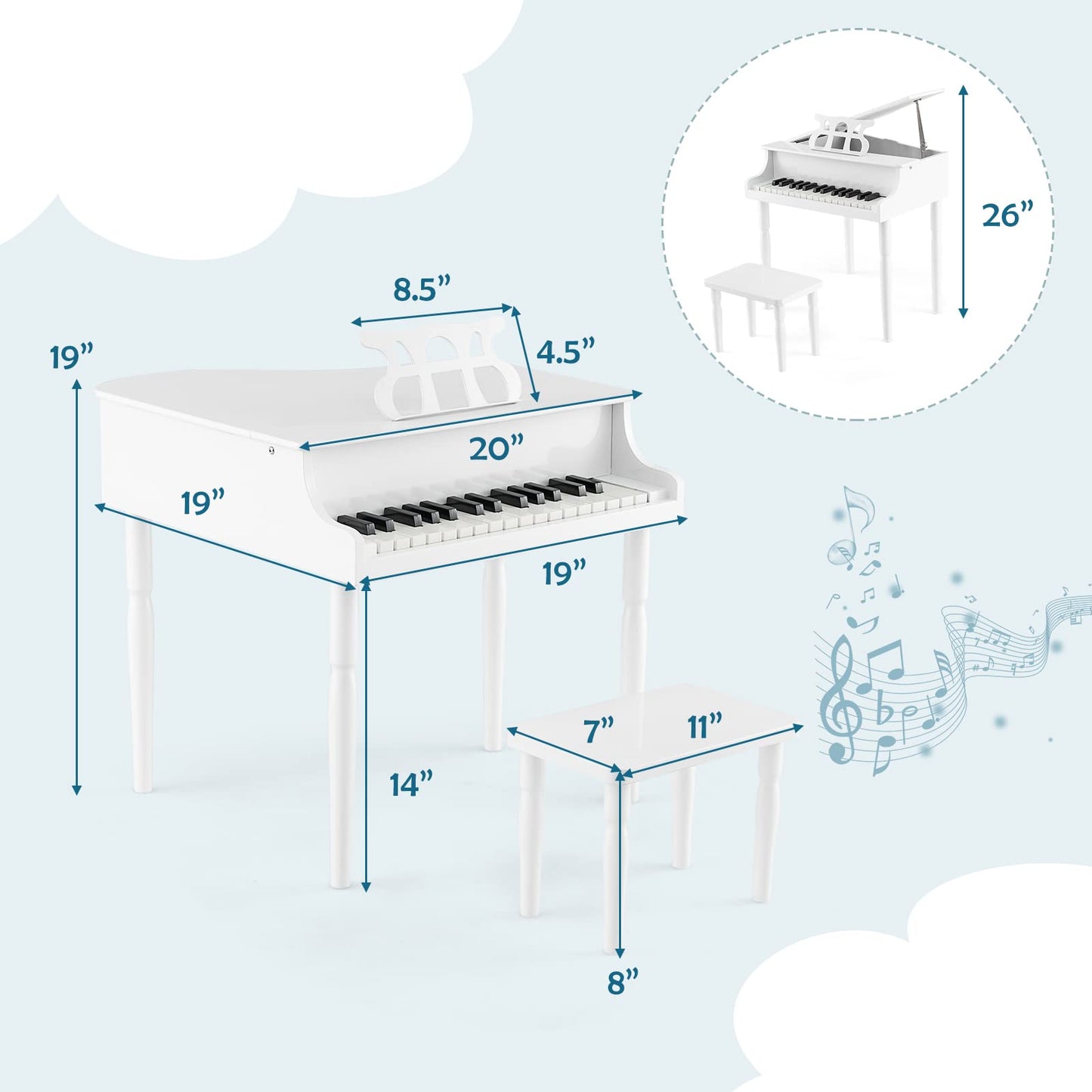HONEY JOY Classical Kids Piano, 30-Key Mini Grand Piano with Music Stand and Bench, Wooden Musical Instrument Toy w/Lid & Music