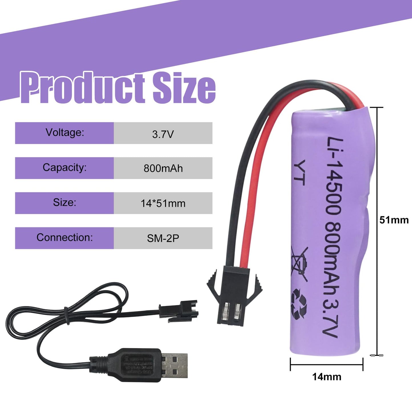 AODTOSIP 2 Pack 3.7V 800mah Li-ion Battery SM 2P Plug with USB Chargers, SM-2P Plug RC Rechargeable Battery for Double Sided RC