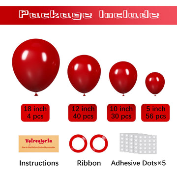 Voircoloria 130Pcs Ruby Red Balloons Different Sizes 18'' 12'' 10'' 5'' Dark Red Latex Balloon Garland Arch Kit For Birthday Bab