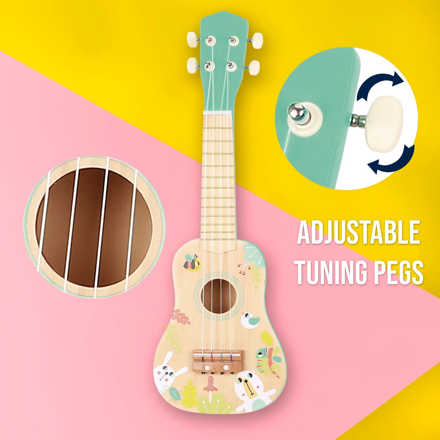 Tookyland 4-String Wooden Ukulele Toy - Mini Guitar Pretend Musical Instrument, Ages 3+