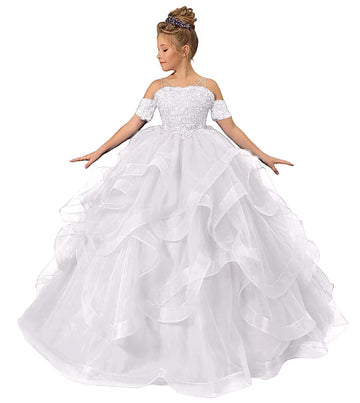 ZPVP Princess Flower Girl Dress for Wedding Long Tulle Girls Pageant Dress Puffy Ruffles Beaded Appliques Party Costumes White U