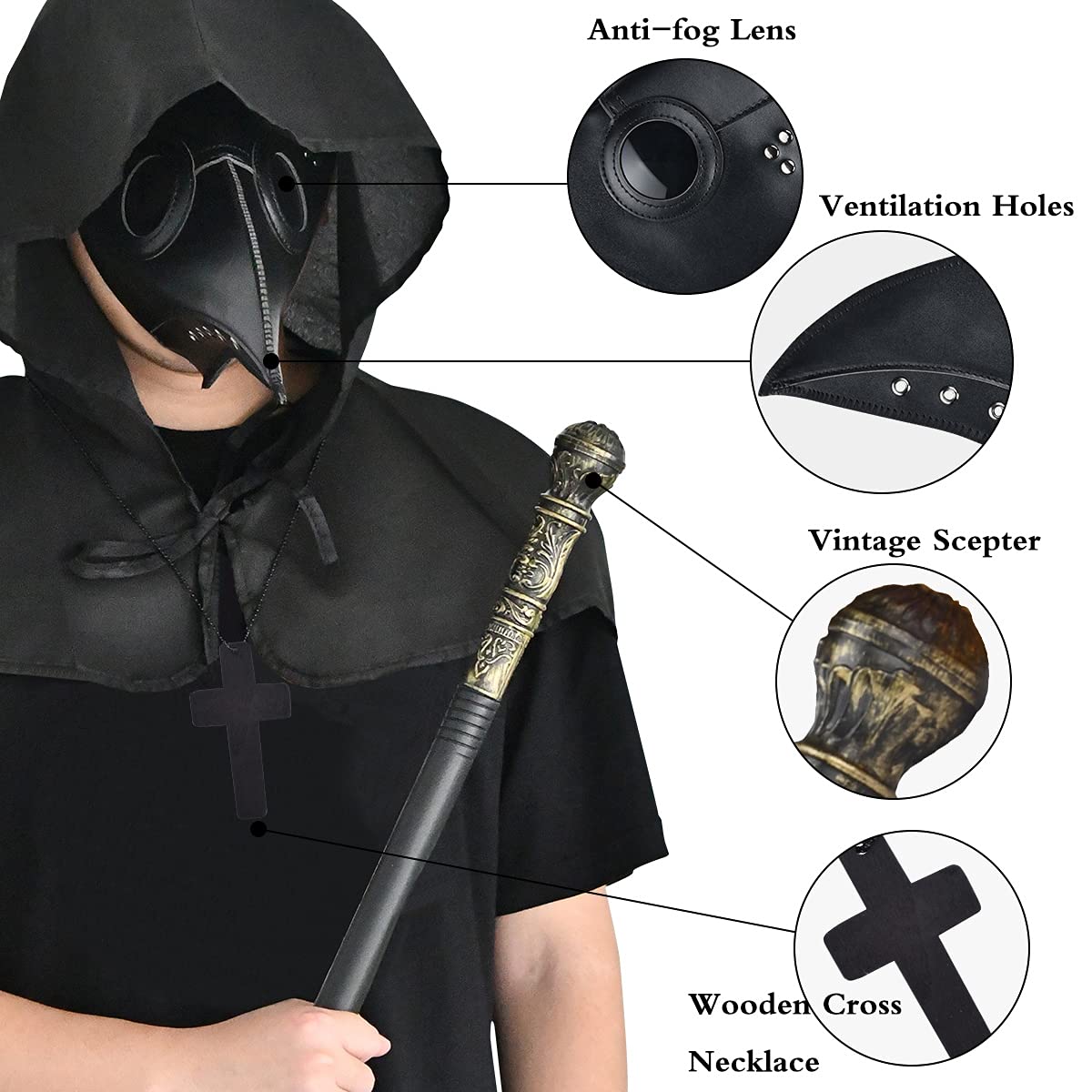 BUUFAN 4PCS Plague Bird Doctor Mask PU Leather Long Nose Beak Mask with Cloak Crucifixion Necklace Scepter Scary Halloween Mask