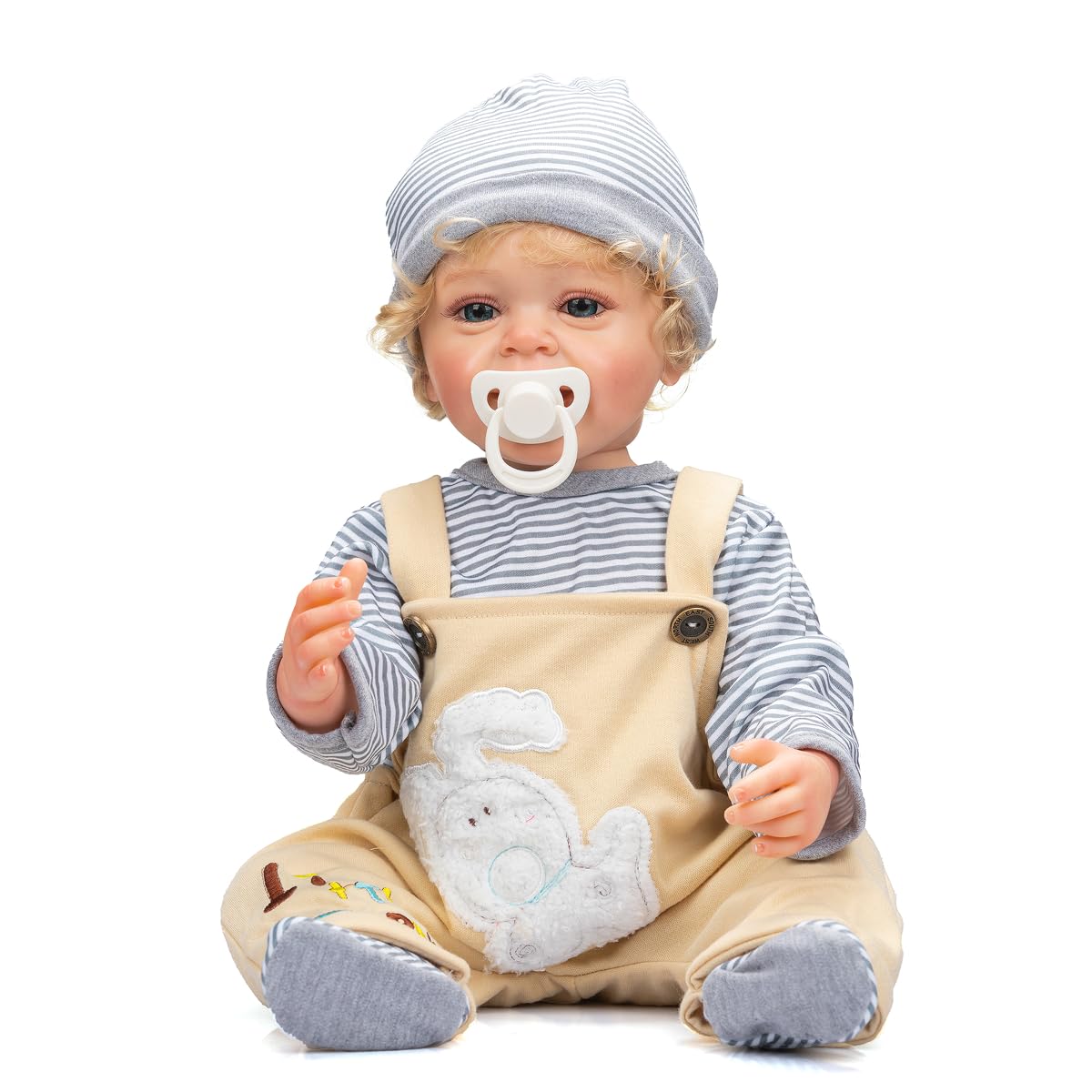 TERABITHIA 22 Inches Rooted Blond Curly Hair Lifelike Reborn Baby Doll Crafted in Silicone Vinyl Full Body Anatomically Correct Newborn Realistic Smiling Toddler Boy Dolls with Teeth Look Real