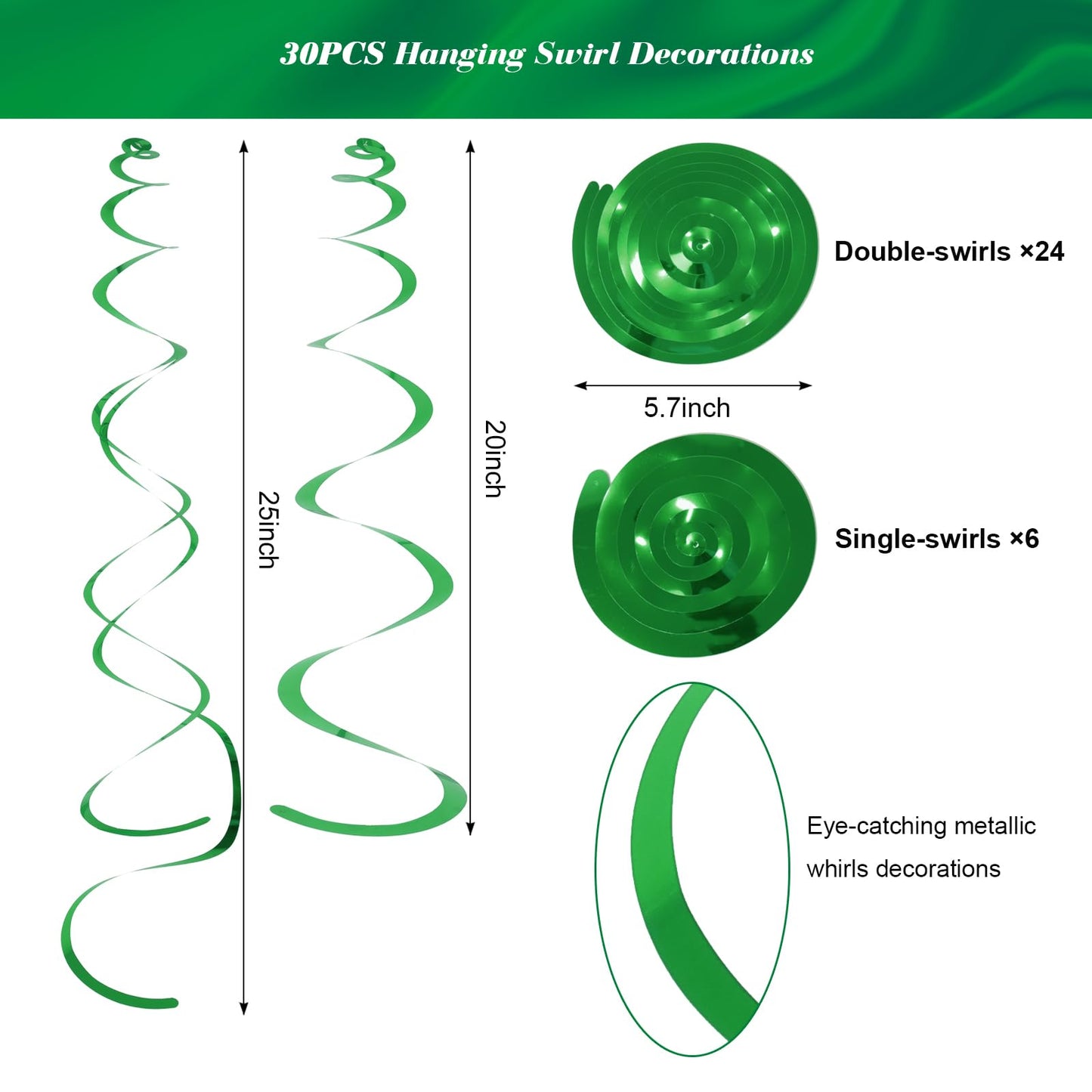 30 PCS Party Swirl Decorations Green Shinny Foil Hanging Swirl Decorations with Double-swirls and Single-swirls Plastic Streamer