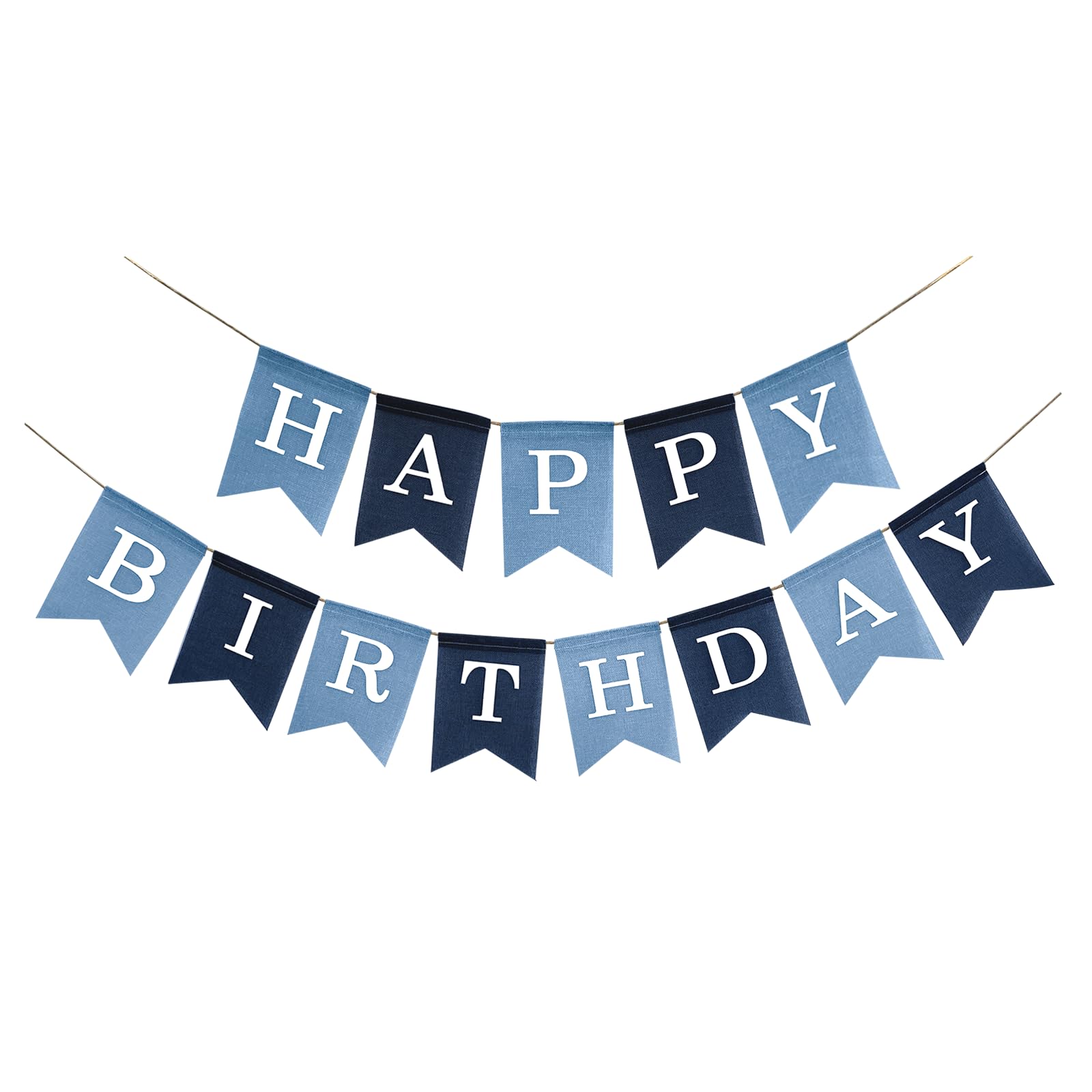 Blue Burlap Happy Birthday Banner, No Diy, Pre Strung And Ready To Hang, Faux Imitation Burlap Birthday Banner, Reusable Birthda