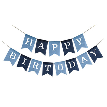 Blue Burlap Happy Birthday Banner, No Diy, Pre Strung And Ready To Hang, Faux Imitation Burlap Birthday Banner, Reusable Birthda