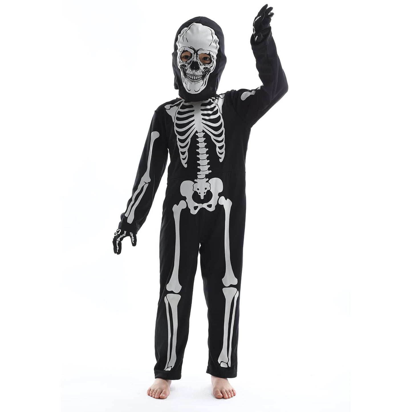 Leadtex Kids Gid Skeleton Halloween Costume, All In One Skeleton Printed Jumpsuit With Hood And Gloves(12-13Years