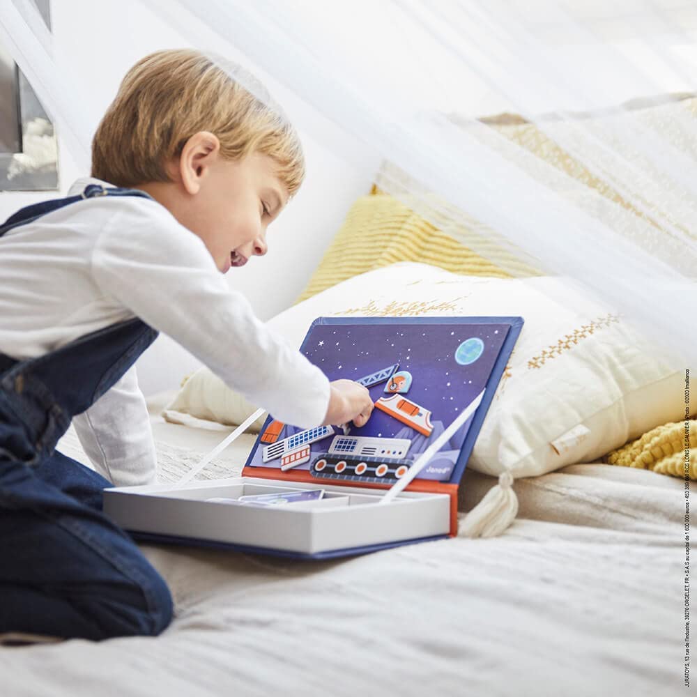 Janod - MagnetiBook Universe - 70 - Part Educational Magnetic Game Teaches Fine Motor Skills and Imagination - Suitable for Age