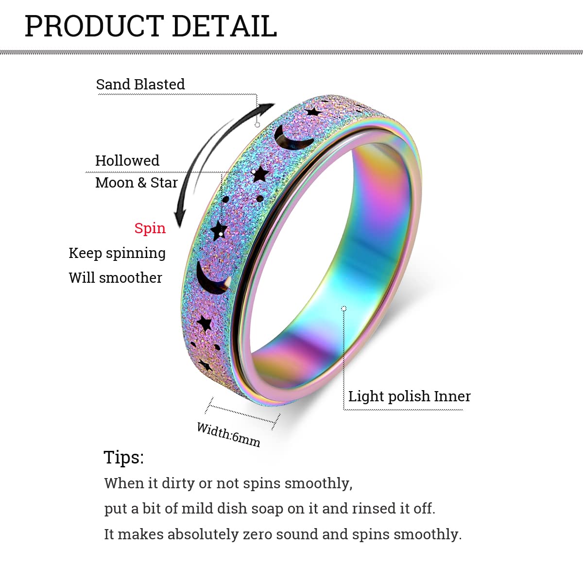 MHWTTY Anxiety Rings for Women Spinner Fidget Ring Titanium Stainless Steel Fidget Toys Adults Thumb Ring for Women Men Rainbow