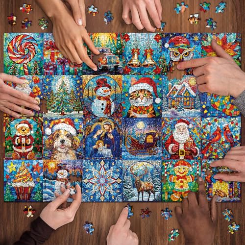 Stained Glass Christmas Puzzles for Adults 1000 Pieces,Christmas Jigsaw Puzzle Collection Features Santa Claus Dog Cat Snowman,