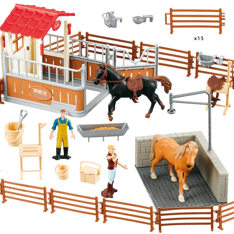 Peagprav Horse Stable Figurine Playset Horse Club With Rider Horse Wash Area Fence Figures Animal Toys Set Gifts For Girls And B