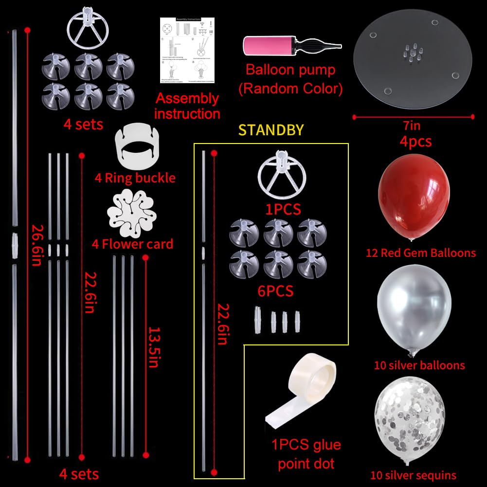 TONIFUL Balloon Stand Centerpieces, 4 Size, Red Sliver Plastic for Christmas, Birthday, Wedding Decorations, Model ZPT00104MF(1)