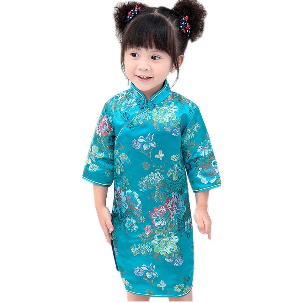 Hooyi Chinese Girls Dress Peony Rose Qipao Half Sleeve Cheongsam Wedding Dresses Princess Birthday Party Costume (Blue,16)