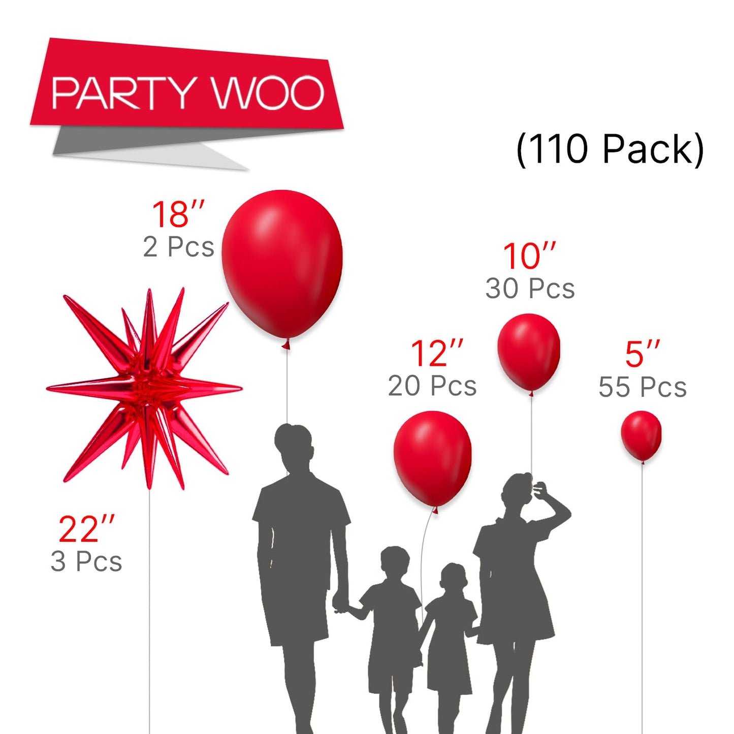 Partywoo Red Balloons, 110 Pcs 22 Inch Star Balloons And Red Balloons Different Sizes Pack Of 18 Inch 12 Inch 10 Inch 5 Inch For Balloon Garland Balloon Arch As Birthday Decorations, Party Decorations