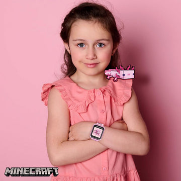 Minecraft Kids Smartwatch – Pink Axolotl Design, 10 Watch Faces, Step Counter, Selfie Camera, Calculator, Games, Voice Recorder, Alarm & Timer, Printed Silicone Straps – Fits Wrists 5.5'-8.0'
