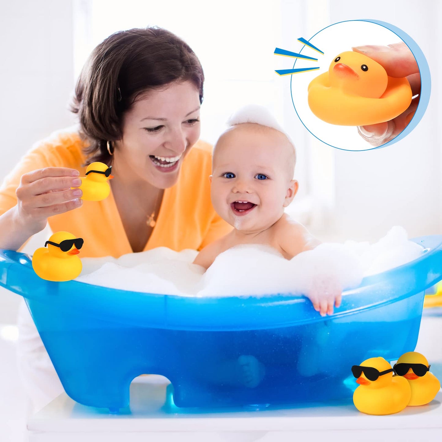 24 Pcs Mini Rubber Ducks With Sunglasses, Rubber Ducks In Bulk Valentine Duck Bathtub Toys For Cruise Valentines Kids Classroom Gift Exchange (Yellow, Black, Eyeglasses)