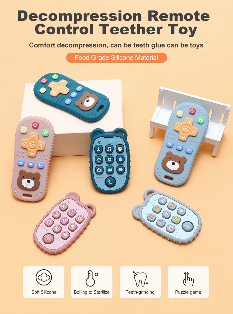 HippoBaby 2-Pack Silicone Teethers - Remote Control & Phone Teething Toys with Popper Buttons  BPA-Free  CPC Certified Baby Essentials for Infants & Toddlers (Remote/Phone - Light Pink/Deep Pink)