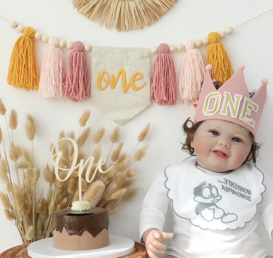 HODIHIWI Baby Girls Pink Yellow 1st High Chair Banner Wood Bead Tassel Garland Crown Hat Wooden Cake Topper Birthday Party Decor