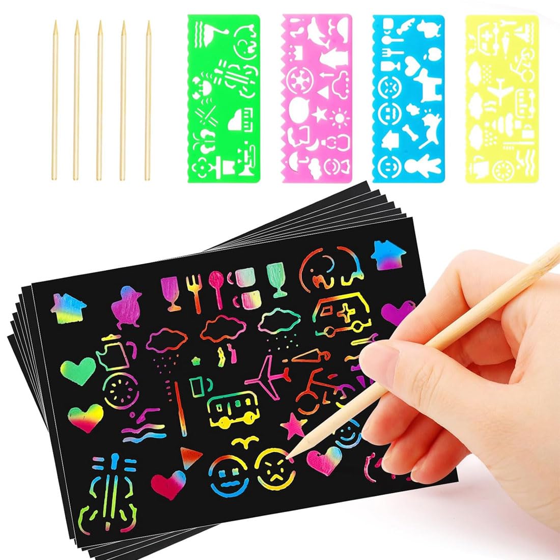 Promote Rainbow Scratch Art Kit Set  50 Rainbow Scratch Sheets + 5 Wooden Stylus Pens & 4 Drawing Stencils  Kids DIY Craft Kit