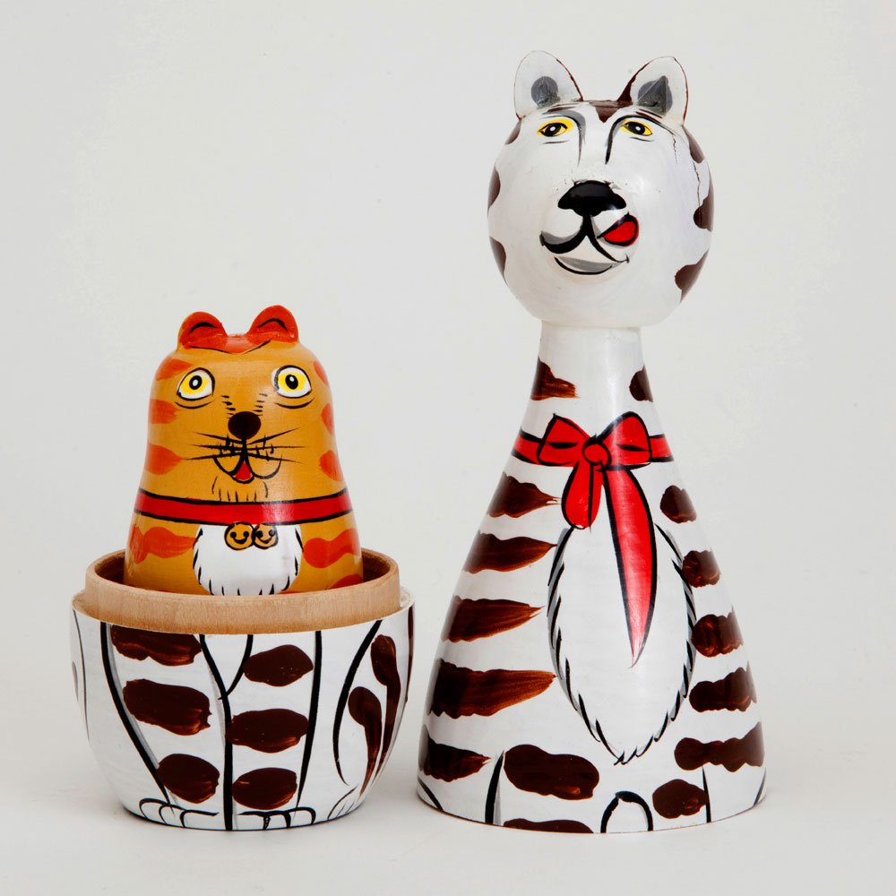 Bits And Pieces - ''Cleo & Friends Nesting Cats-Hand Painted Wooden Nesting Dolls Matryoshka - Set Of 5 Dolls From 7'' Tall With