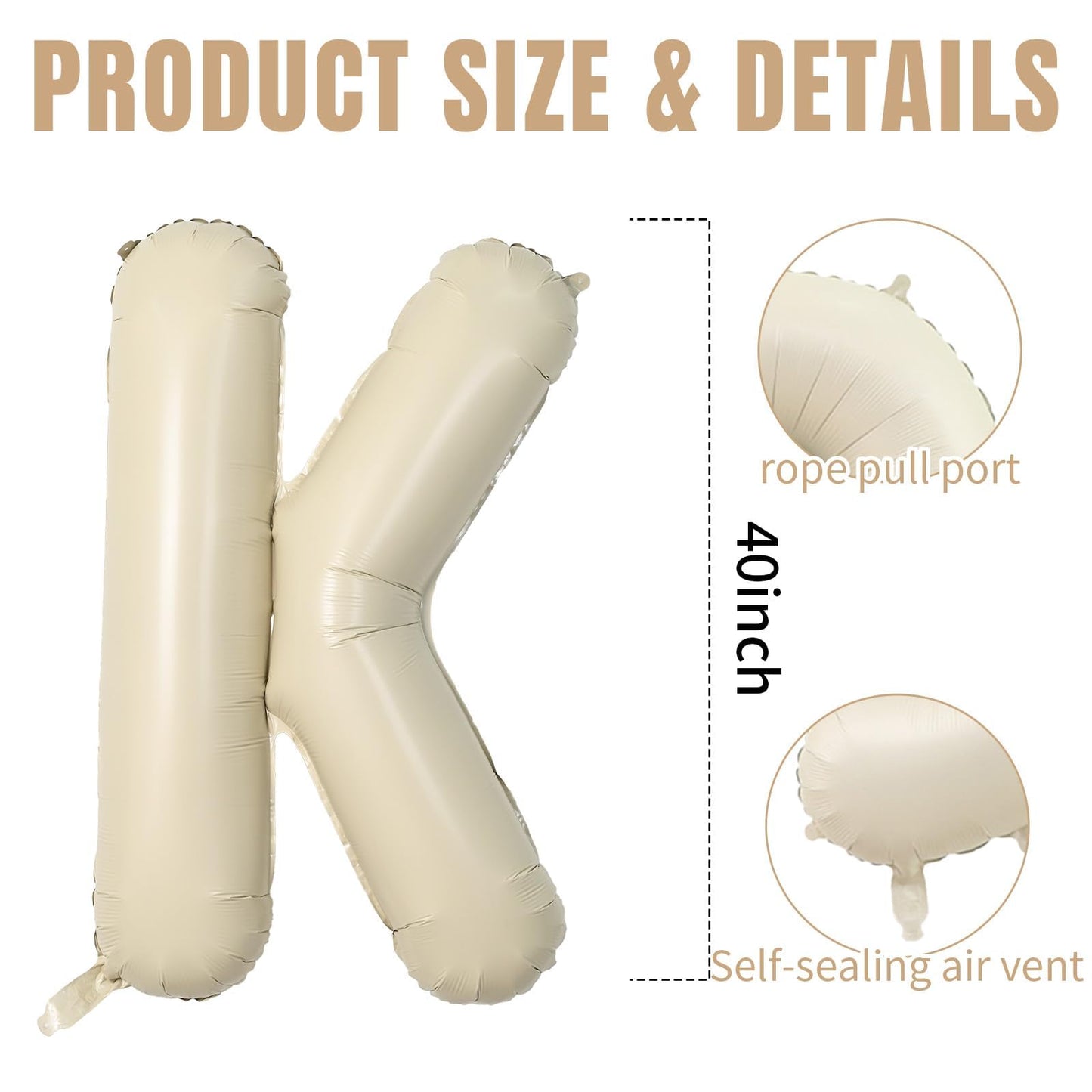 40 Inch Cream Letter Balloons, Large K Letter Balloons Foil Helium Balloons, Mylar Big Single Alphabet K Balloons, Cream Balloon