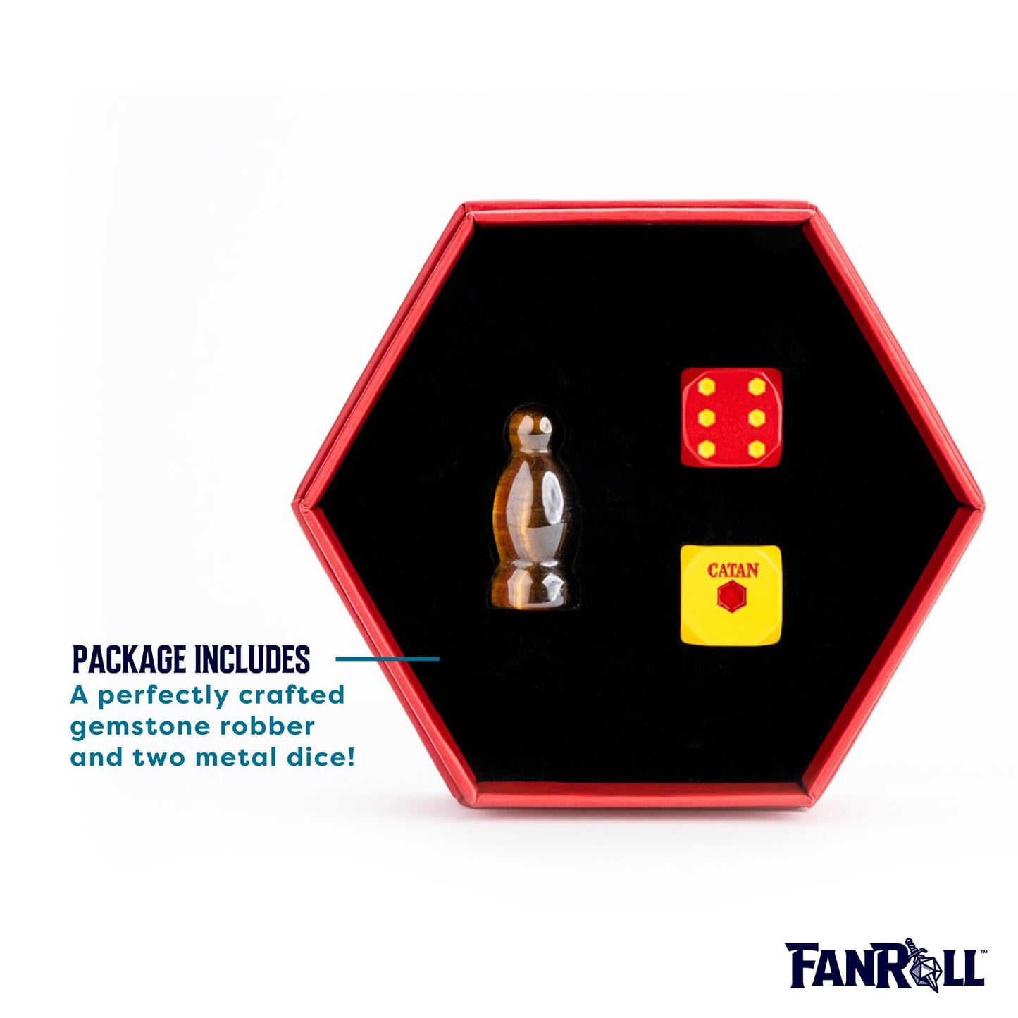 FanRoll Compatible with Catan Premium Robber & Metal Dice Set, Tiger's Eye