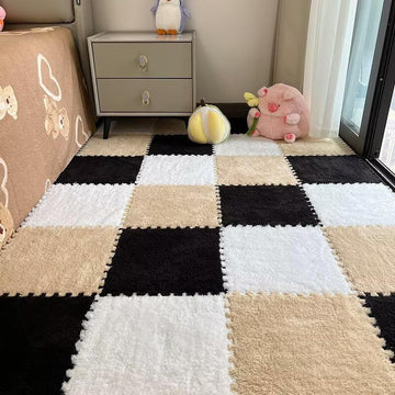 18Pcs Plush Puzzle Foam Floor Mat, 11.8X11.8In Soft Anti-Slip Puzzle Area Rug Playmat For Room,Black+Camel+White