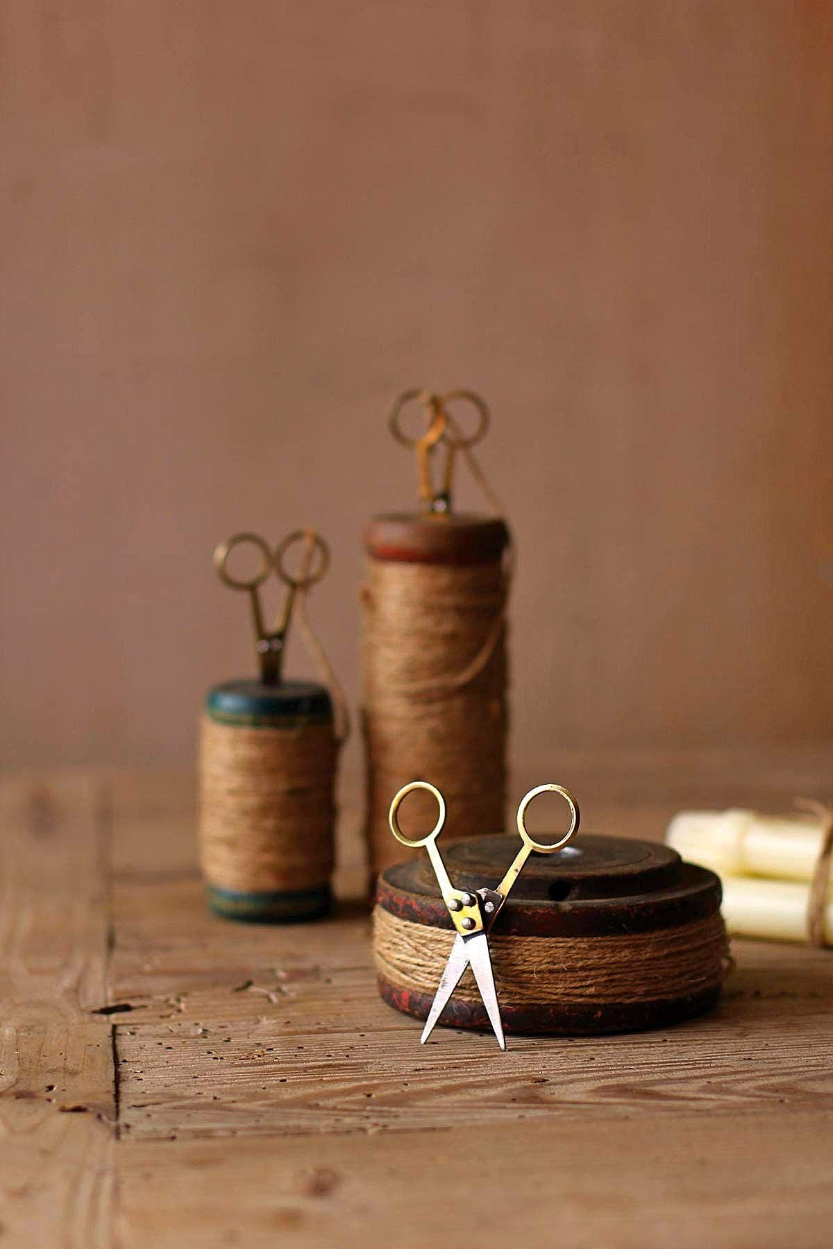 Set Of Three Wooden Spools With Jute Twine And Scissors