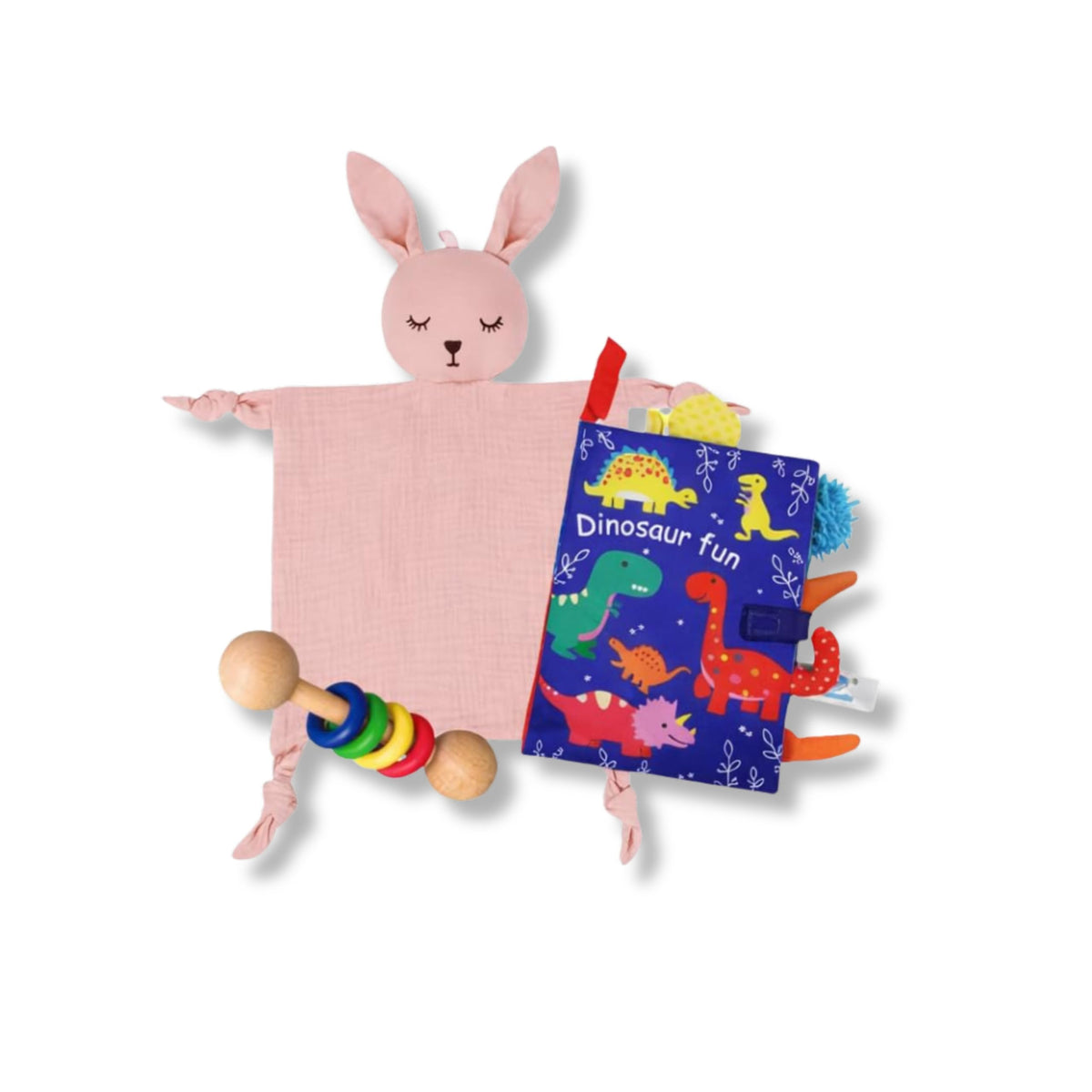 DBeb 3In1 Newborn Deluxe Set | Wooden Rings Rattle + Dino Cloth Book + Muslin Snuggle Toy | Montessori Baby Toys 012 Months 
