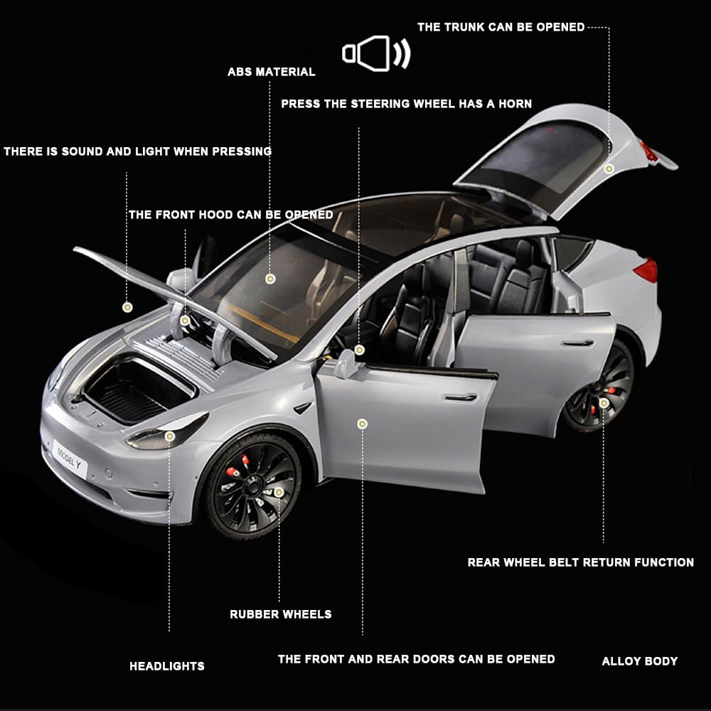 1/24 Model Y Toy Car, Alloy Diecast With Light, Big Model Y Diecast For Kids & Adults, Birthday Gift (Gray)