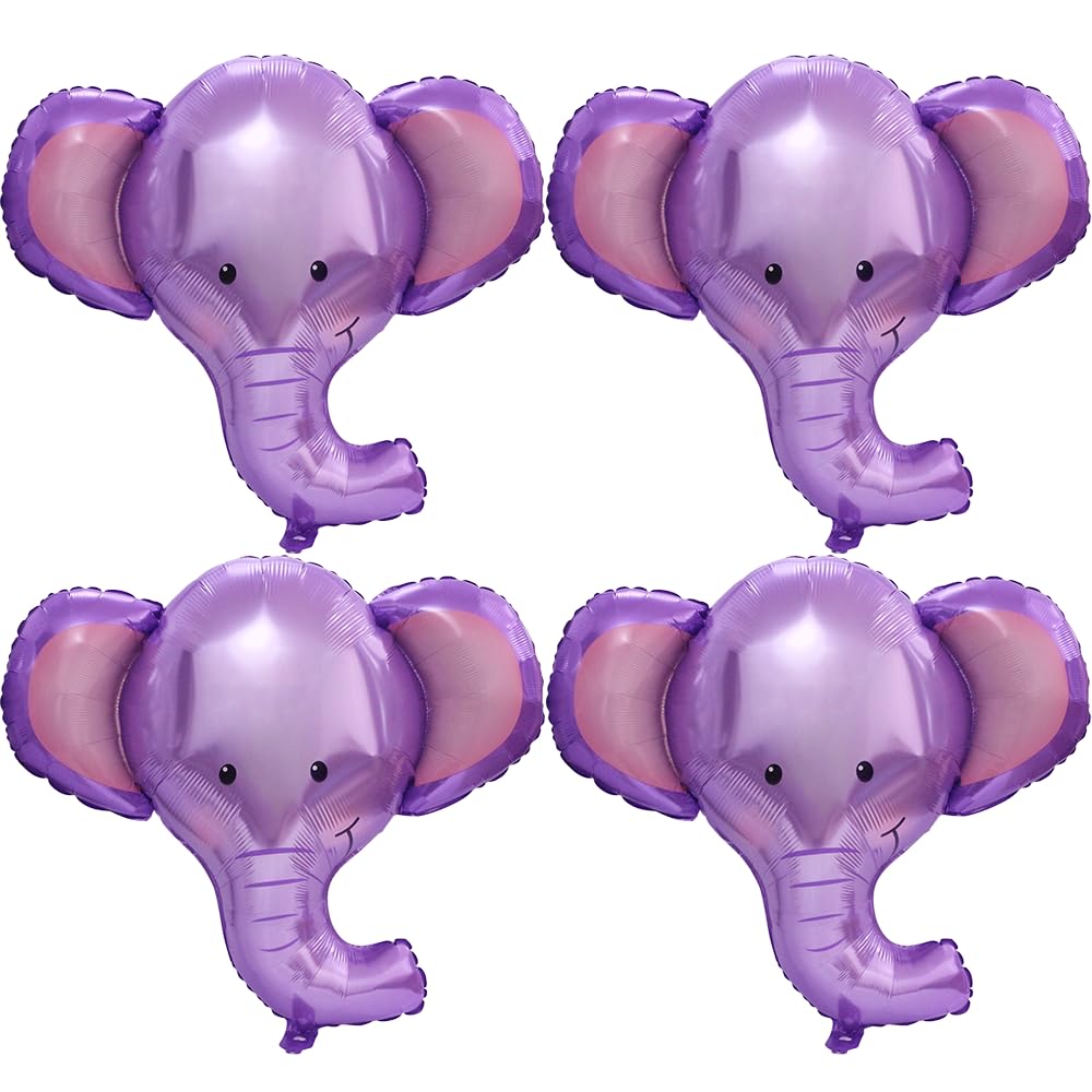 Giant 4D Woodland Wildlife Elephant Balloons Jungle Safari Forest Animals Themed Party Supplies, 4 Pack Purple 35'' So Cute Elep