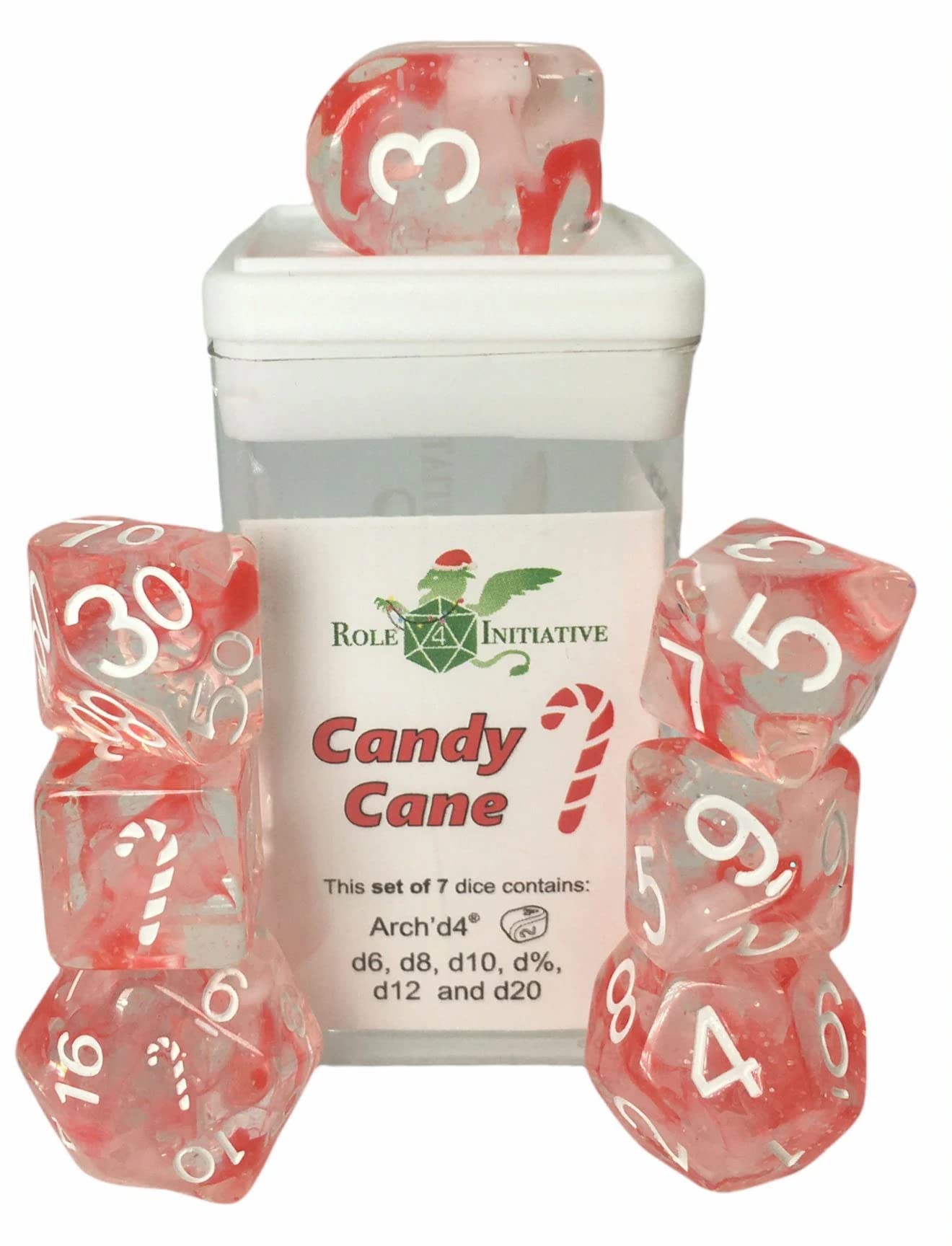 Happy Holi-Dice: Diffusion Candy Cane - Set Of 7 Game Dice W/ Arch'D4 And Symbols