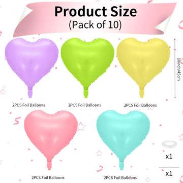 Biapian Pastel Balloons Heart, 10 Pcs Macaron Heart Shape Balloons Foil, 18Inch Pastel Pink Purple Green Teal Yellow Foil Valent