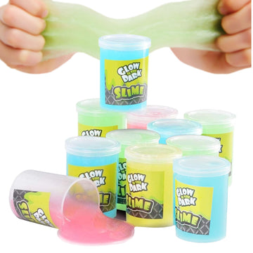 Kicko Glow In The Dark Slime Kit - 12-Pack Slime Toy For Kids In 4.5-Inch Can - Glowing Neon Colors In Green, Blue, Orange, Yellow - Fun Kid Slime As Party Favors, Goody Bag Fillers, Or Birthday Gifts