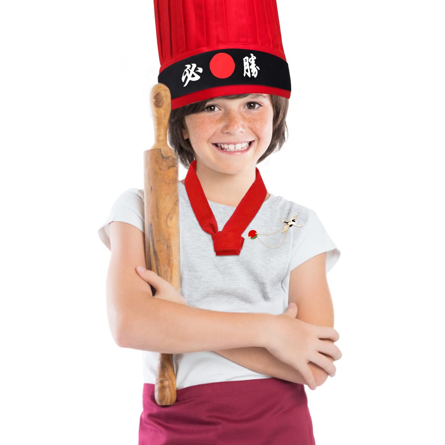 Keymall Costume Headwear Chef Hat, Hibachi Japanese Teppanyaki Tall Cap With Hachimaki Headband, Set B - Red