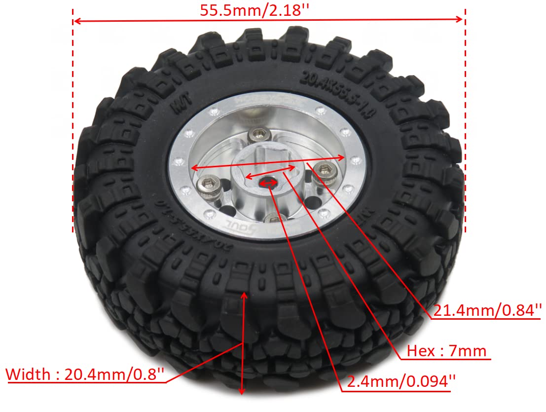 Hobbysoul Adjustable Offset Rc 1.0 Wheels And Tires, 1/24 Tires & Heavy 1.0 Beadlock Wheels Silver For 1:24 Rc Crawler Axial Scx