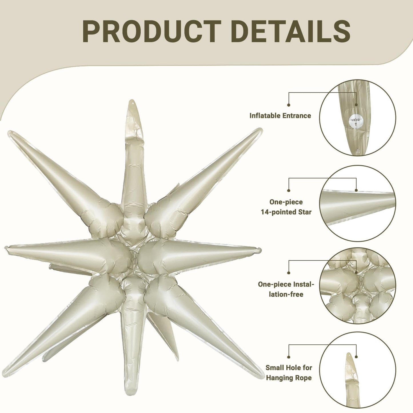 6 Pcs Cream Color Star Foil Balloons One-Piece 14-Pointed Star Balloons 4D Starburst Cone Mylar Balloons 22Inch Christmas Birthd
