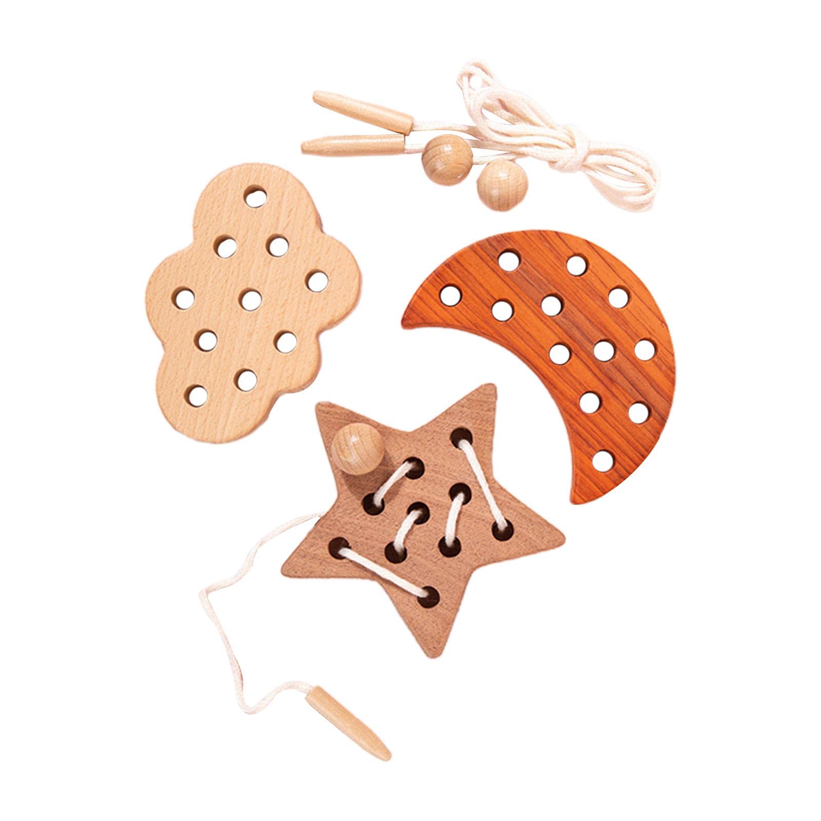Ilsmysutra 3 Pieces Wooden Lacing Threading Toys Montessori For Birthday Gift Moon|Toys For Baby|Developmental Baby Toys