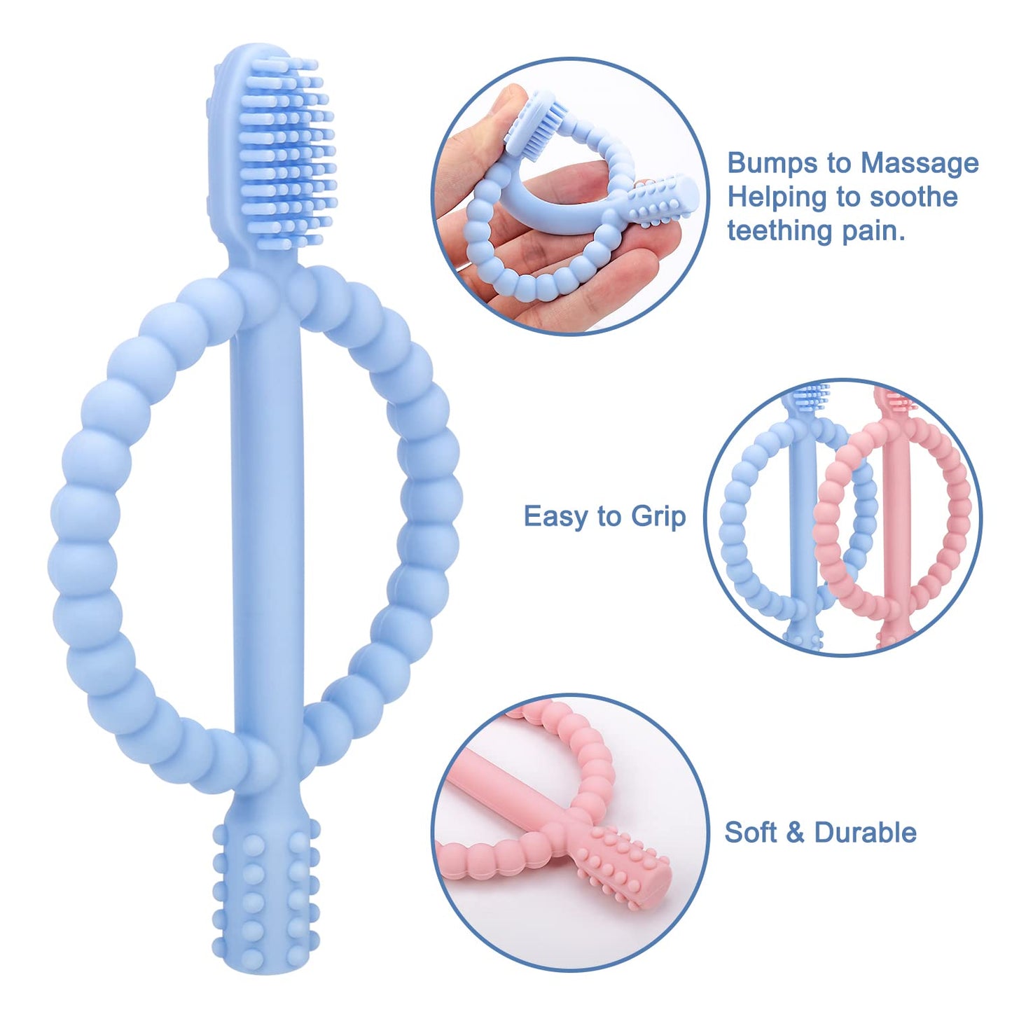 Baby Teething Toys with Easy-Hold Handle, Silicone Infant Toothbrush, Textured On Both Sides Helps Massage, Soothe Sore Gums, Te