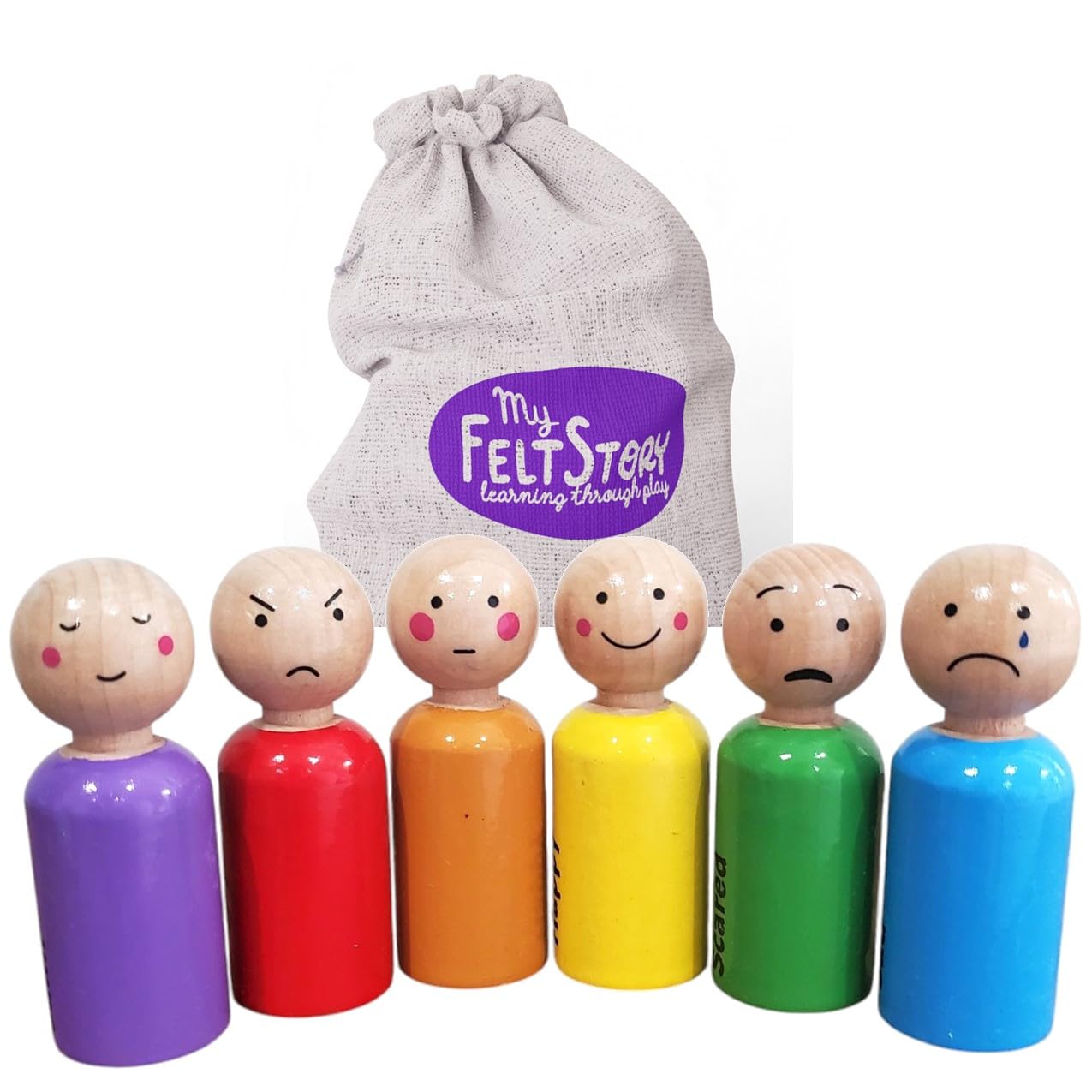 My Felt Story Set Of 6 - Rainbow Wooden Peg Dolls With Emotions | Sensory Autism Toys For Toddlers | Early Education Toys, Social Emotional Therapeutic Learning Activities For Calmness