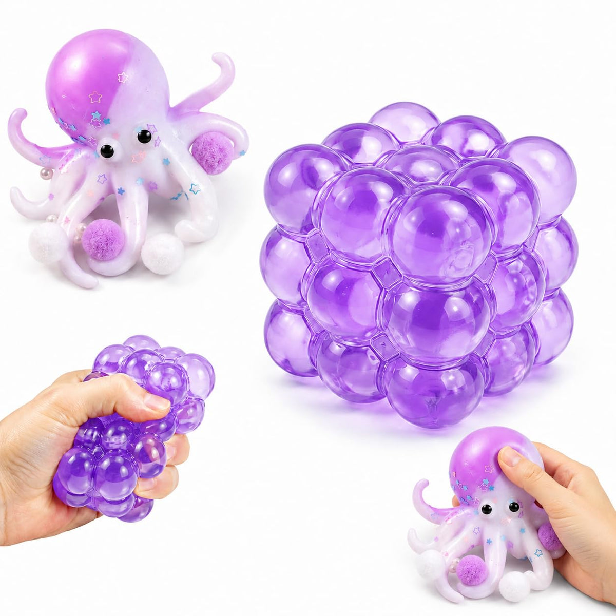 2Pcs Taba Squishy, Squishy, Butter Squishy, Two Piece Toy Set for Sensory Experience, Purple and Squid Design for Office Desk an