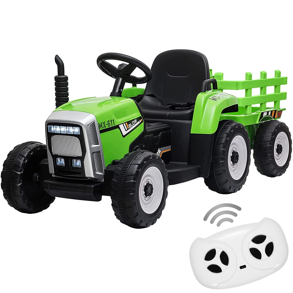 Kids Ride On Tractor With Green Trailer & Remote Control, 12V Toddler Battery Powered Electric Vehicle With Slow Start 7Led Head